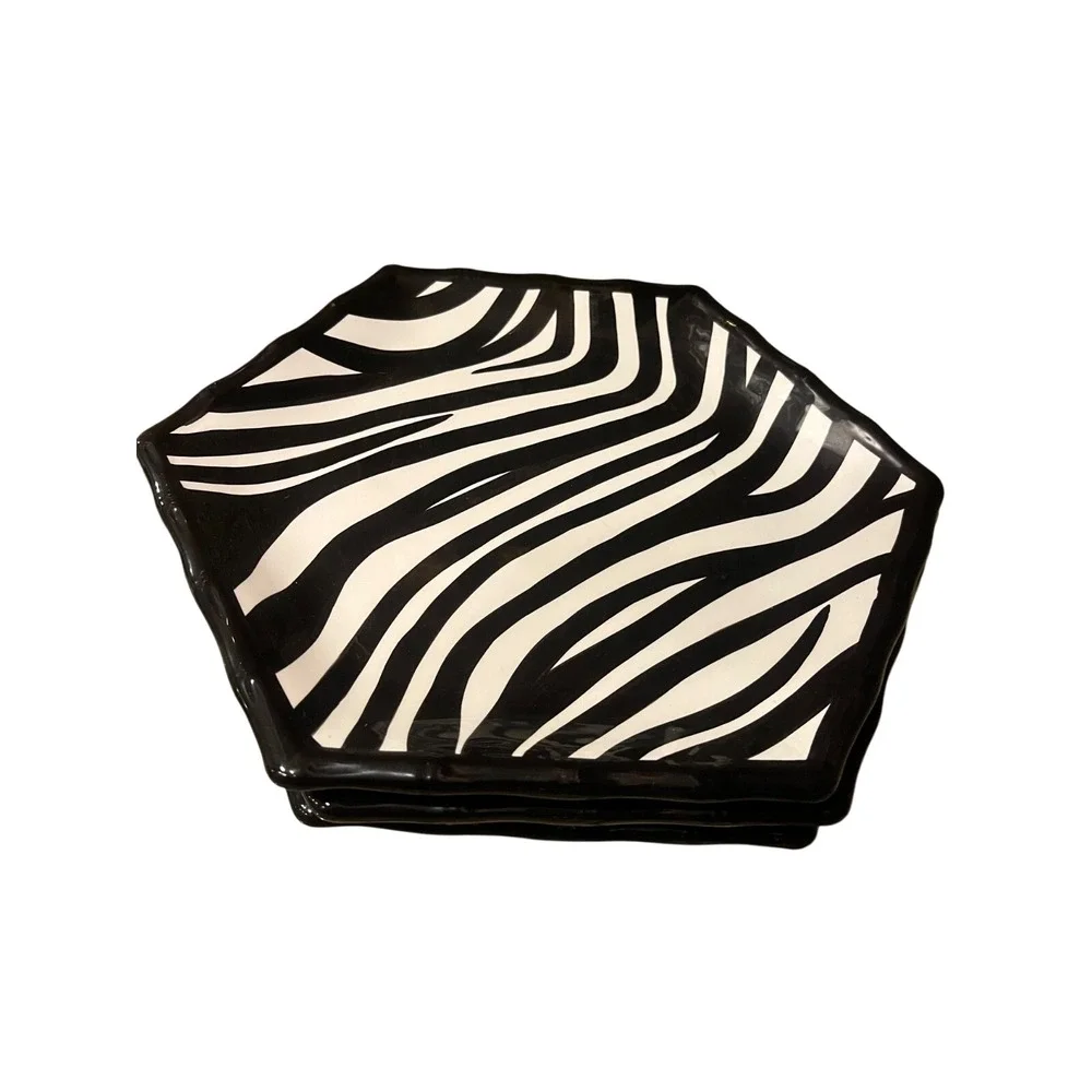 Roscher Zebra Collection Earthenware Hexagon Plates Black White Set‎ of 3